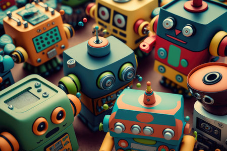 Close up view of colorful mixed vintage tin robot toys collectionの素材