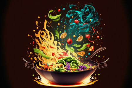 Freeze Motion of Wok Pan with Flying Ingredients in the Air and Fire Flamesの素材