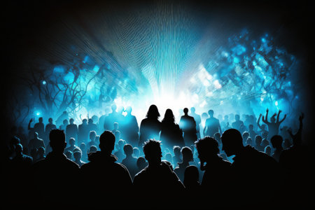 crowd silhouettes against a stage lit by spotlights and a confetiの素材