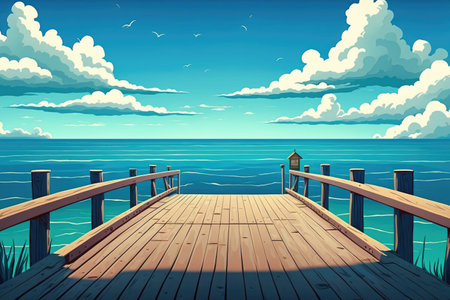 beautiful seascape with a blue sky overhead. view from the wooden pierの素材