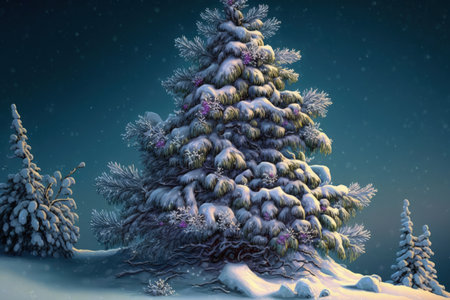 Beautifully adorned Christmas tree in a scene of ice and snowの素材