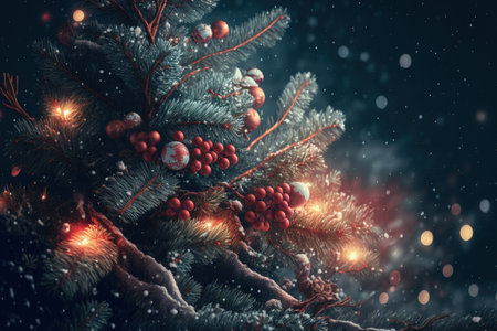 Background of a Christmas tree with holiday decorations in the winter seasonの素材