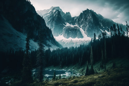 Beautiful image of mountains and tall, snowy hilltops shrouded in fogの素材