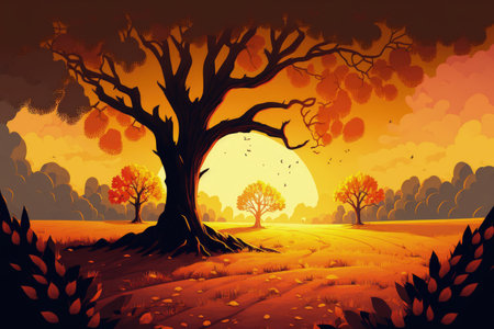 Autumnal landscape with a setting sun and a sizable oak meadow in the centerの素材