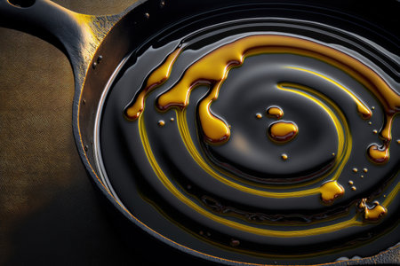 Close up of a portion of an empty black cast iron pan with drips of vegetable oilの素材