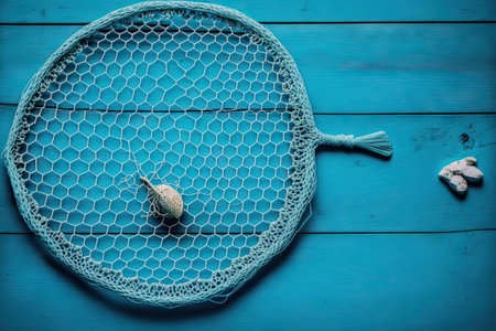 Fishnet in top view against a blue hardwood backgroundの素材