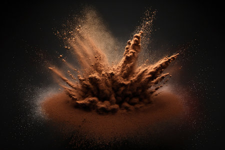 Explosion of brown powder isolated on a dark background. Dust splattered with colorの素材