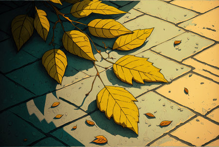 Yellow autumn leaves in a high angle image on a concrete surfaceの素材