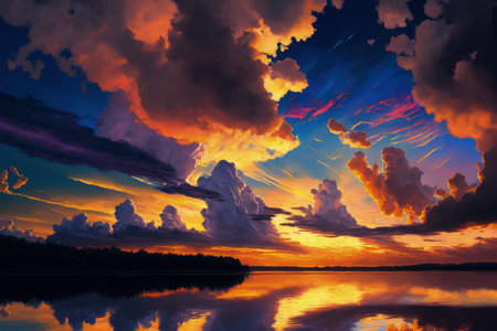 at sunset, a stunning sky full of color and clouds. evening on the lakeの素材