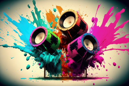 exploding acoustic speakers colorful paint and dyeの素材