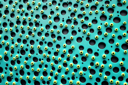 a uniformly woven surface made of turquoise, green, and blue with tiny black holesの素材