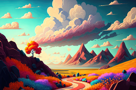 cloudy fantasy animation landscape illustration in digital artの素材