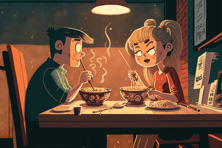 a couple eating noodles together in a restaurantの素材