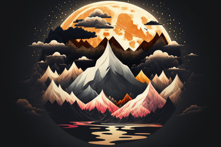 Full moon shining brightly above the mountains in the darkの素材