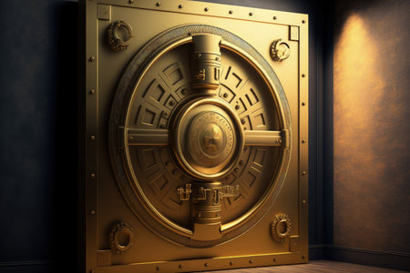 Golden vault door artwork with a safe symbol on a golden backdropの素材