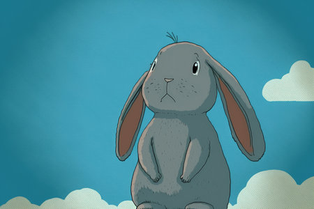 Grey rabbit against a sky blue backgroundの素材
