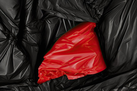 Garbage bag closeup, black crumpled plastic wall as wallpaper, overhead shotの素材