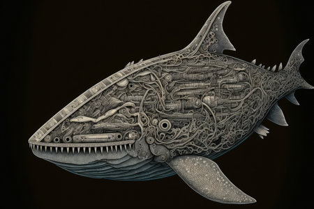 Hand drawn mechanical shark animal engraving illustrationの素材