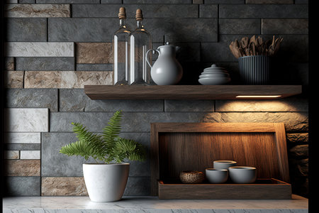 Gray stone patio counter and wall shelf, interior scene and mockupの素材