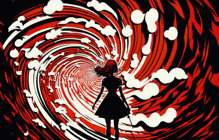 Girl holding a red umbrella creates a swirling pattern in the sky using digital artの素材