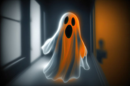 Halloween ghost blurred out of focus in the atticの素材