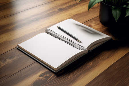 Home office notebook on a hardwood surface with a mockup templateの素材