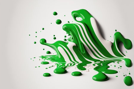 Green paint splashed diagonally in the water with a white backgroundの素材