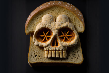 Halloween themed sandwich bread with a mushroom in the shape of a skullの素材