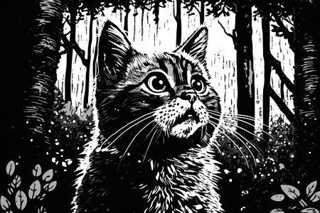 Illustration of a startled cat Closeup of a Scottish Straight, depicted in monochromeの素材