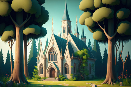 Hidden in the woodland, a medieval fantasy castle or cathedral, Front View,の素材