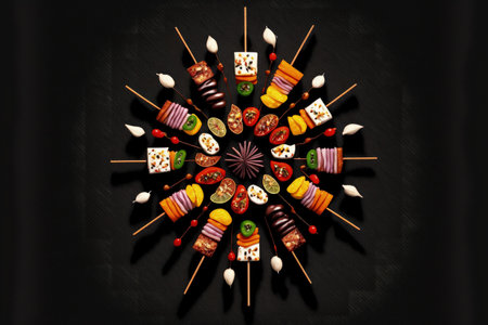 Grilled meat skewers, shish kebab on black background, top viewの素材