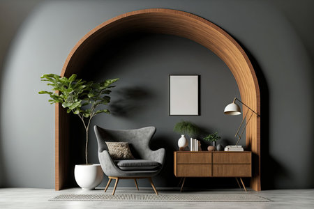 Grey arch wall with with wooden cabinet and lounge chair. interior living roomの素材