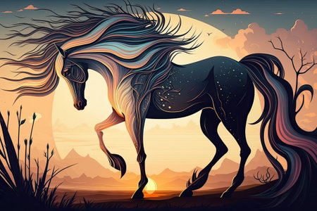 Gorgeous unicorn with long mane standing in the sunの素材