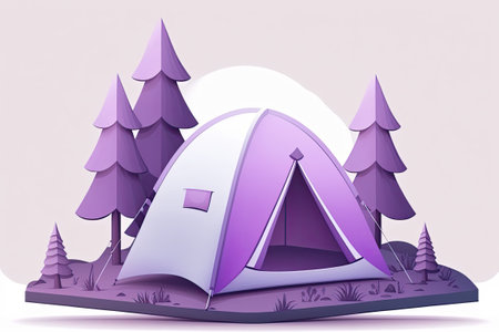 Minimalist purple camping tent as a symbol of travel and tourismの素材