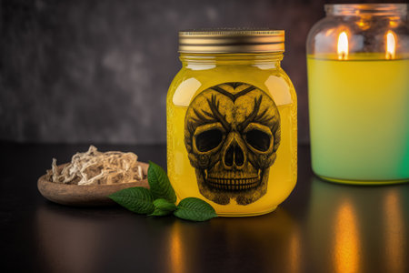 Halloween themed ginger lemon mint tea in a skull jarの素材