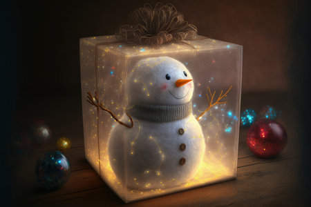 Gift package with holiday lights and a snowman toyの素材