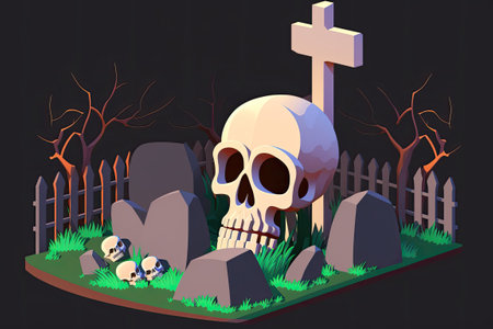 Illustration of a human skull and a strewn graveyard on a dark backdrop for Halloweenの素材