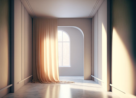 Interior design of a contemporary, curtained, vacant roomの素材