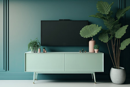 On a cabinet with a blank screen hanging from it are plants, a shelf, and a lampの素材