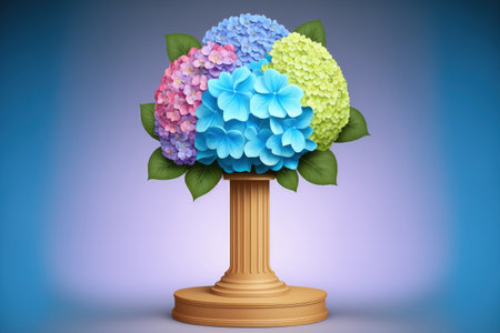 Hydrangea flower adorned pedestal backdrop for product presentationの素材