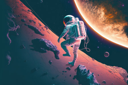 Illustration of an astronaut in space against a planetの素材