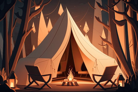 Nighttime glamping with a lit tent and chairs in front of it and shining torchesの素材