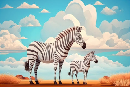 In Serengeti National Park, a mother zebra is caring for her cubの素材