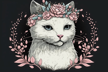 Illustration of a pretty white cat with a pink flower crown, set on a gray backdropの素材