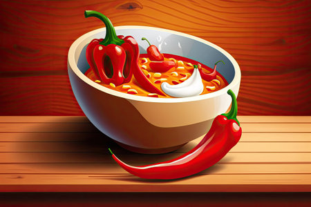 Peppers in a bowl of red hot sauce, with a wooden backgroundの素材