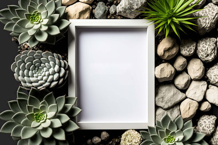Image for mock up with white frame decorated by succulents and stonesの素材
