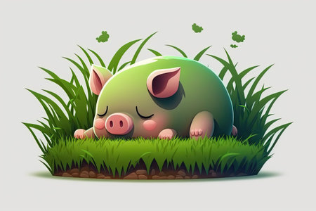 Plucky little piglet snoozing on the grassの素材