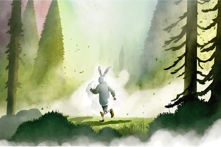On his way to deliver eggs, the Easter rabbit walks through a smoke filled forestの素材