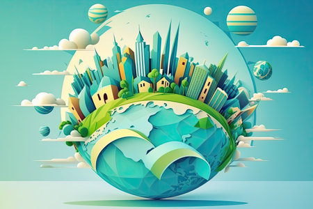 Scyline of cities throughout the globe, with a clear blue sky in the backgroundの素材