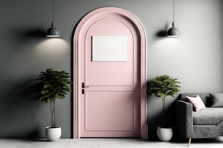 Mock up of a poster in a blank space with a pink entrance and gray wallsの素材